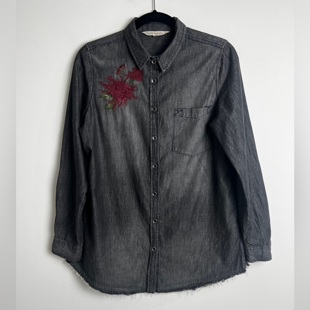 Hippie Laundry Dark Gray Embroidered Cotton Western Rodeo Button Down Shirt Sz M